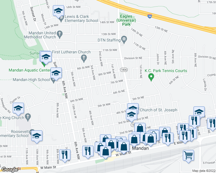 map of restaurants, bars, coffee shops, grocery stores, and more near 708 2nd Avenue Northwest in Mandan