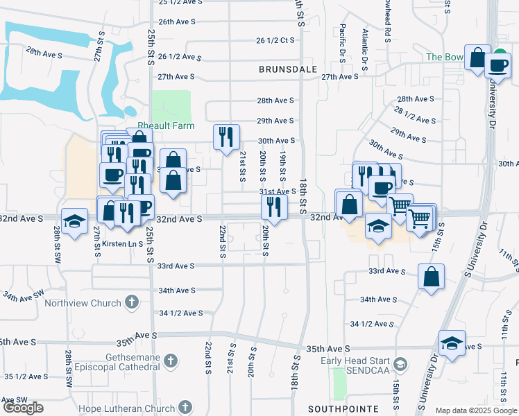 map of restaurants, bars, coffee shops, grocery stores, and more near 1923 32nd Avenue South in Fargo