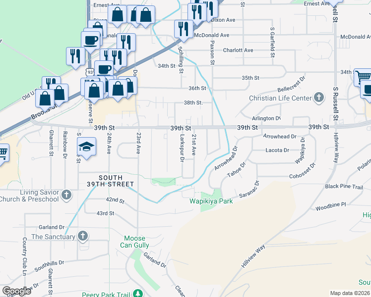 map of restaurants, bars, coffee shops, grocery stores, and more near 4208 Larkspur Drive in Missoula