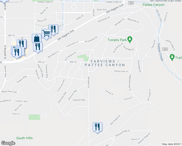 map of restaurants, bars, coffee shops, grocery stores, and more near 624 Whitaker Drive in Missoula