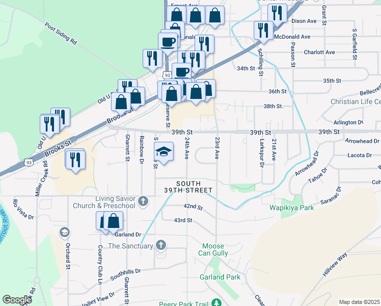 map of restaurants, bars, coffee shops, grocery stores, and more near 2324 Cloverdale Drive in Missoula
