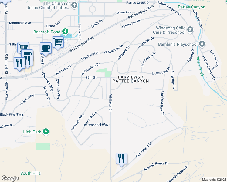 map of restaurants, bars, coffee shops, grocery stores, and more near 624 Whitaker Drive in Missoula