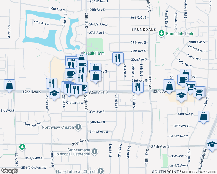 map of restaurants, bars, coffee shops, grocery stores, and more near 2247 32nd Avenue South in Fargo