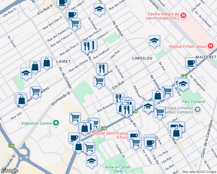 map of restaurants, bars, coffee shops, grocery stores, and more near 2220 1re Avenue in Ville de Québec