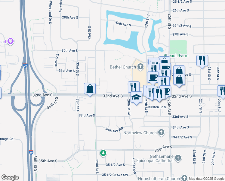 map of restaurants, bars, coffee shops, grocery stores, and more near 3003 32nd Avenue South in Fargo