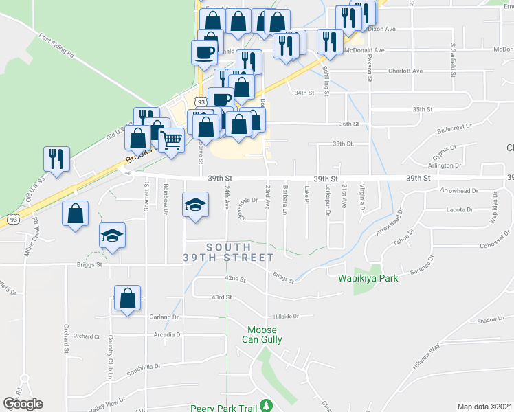 map of restaurants, bars, coffee shops, grocery stores, and more near 2305 Cloverdale Drive in Missoula