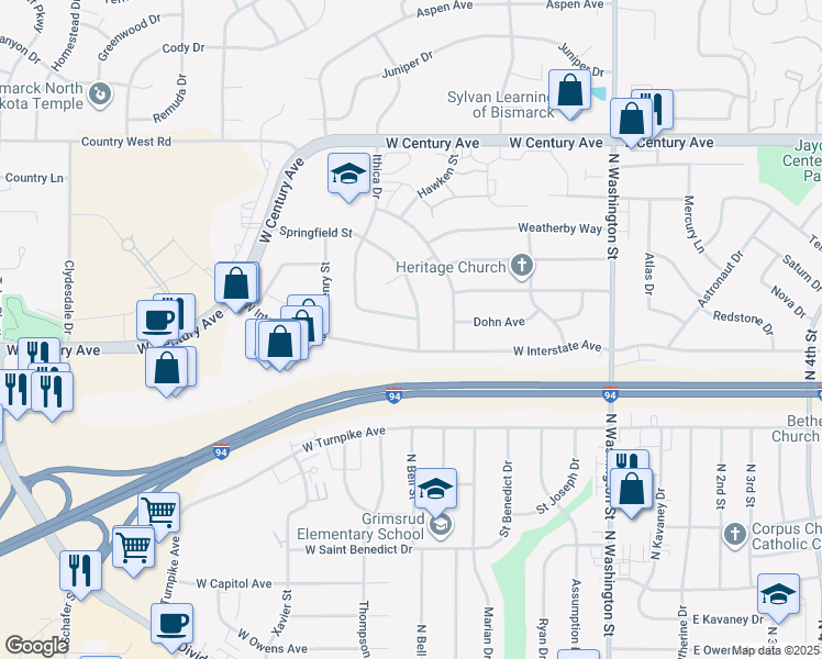 map of restaurants, bars, coffee shops, grocery stores, and more near 2414 Springfield Street in Bismarck