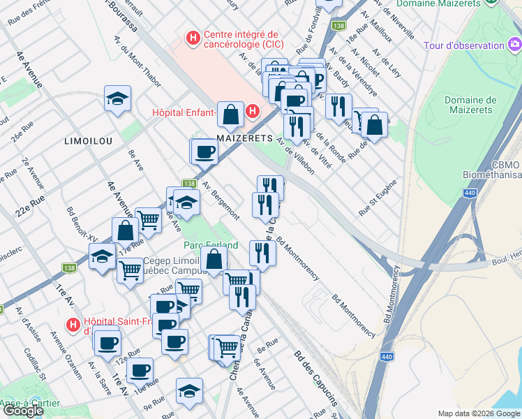 map of restaurants, bars, coffee shops, grocery stores, and more near 1179 Chemin de la Canardière in Québec