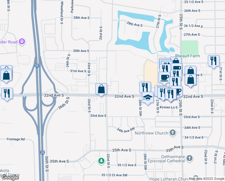 map of restaurants, bars, coffee shops, grocery stores, and more near 3137 32nd Avenue South in Fargo
