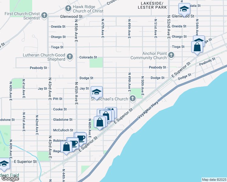 map of restaurants, bars, coffee shops, grocery stores, and more near 4726 Jay Street in Duluth