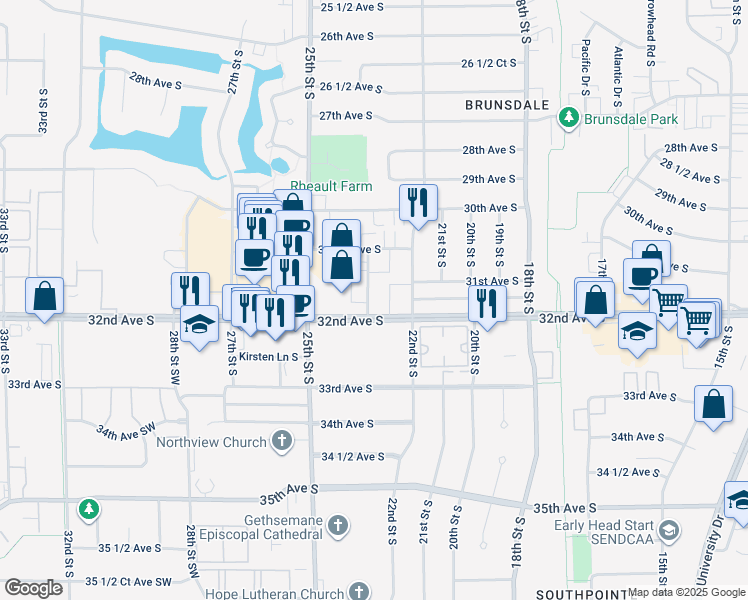 map of restaurants, bars, coffee shops, grocery stores, and more near 3126 23rd Street South in Fargo
