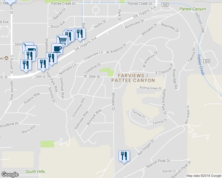 map of restaurants, bars, coffee shops, grocery stores, and more near 616 Highview Way in Missoula