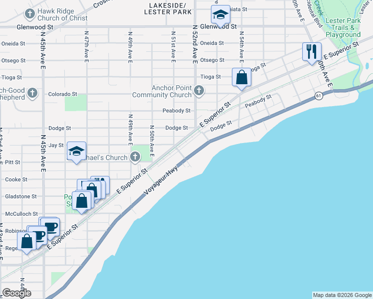 map of restaurants, bars, coffee shops, grocery stores, and more near 5113 London Road in Duluth