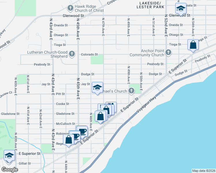 map of restaurants, bars, coffee shops, grocery stores, and more near 4726 Jay Street in Duluth