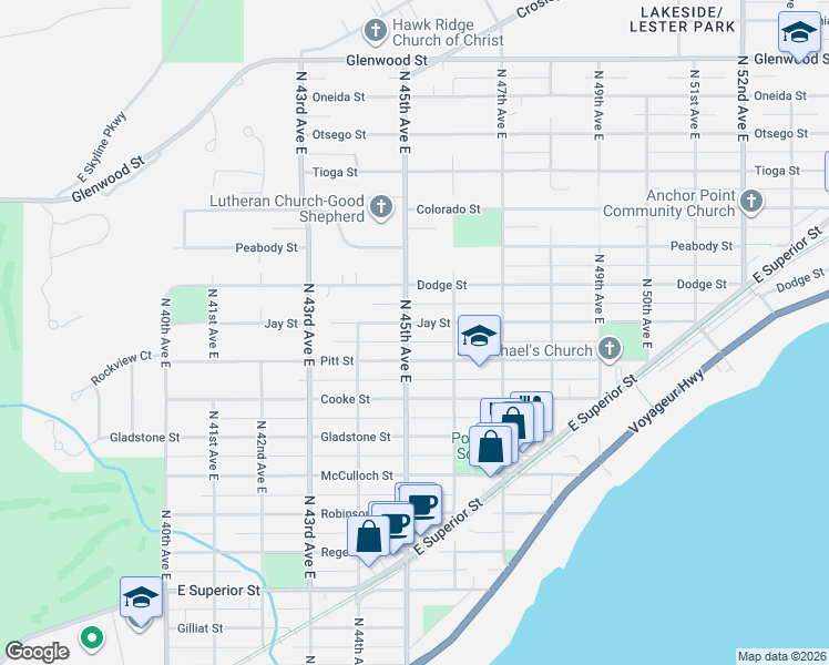 map of restaurants, bars, coffee shops, grocery stores, and more near 4512 Jay Street in Duluth