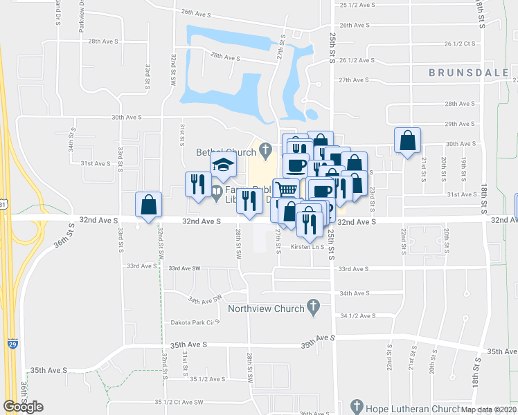 map of restaurants, bars, coffee shops, grocery stores, and more near 2801 32nd Avenue South in Fargo