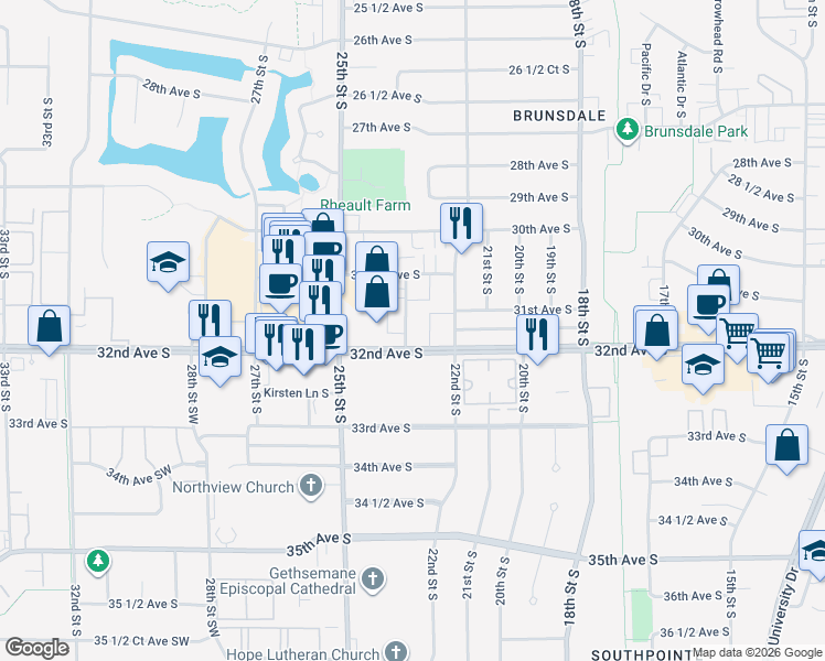 map of restaurants, bars, coffee shops, grocery stores, and more near 3126 23rd Street South in Fargo