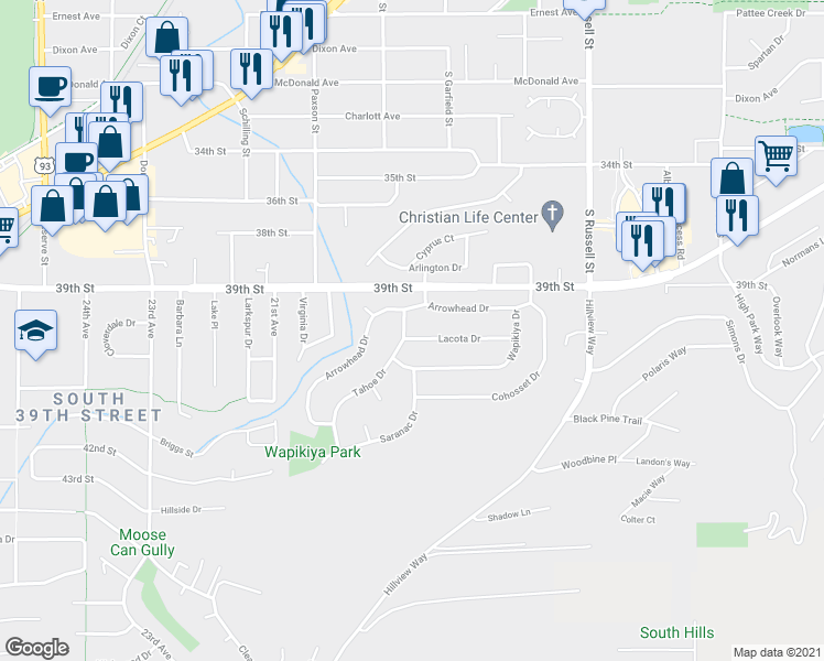 map of restaurants, bars, coffee shops, grocery stores, and more near 103 Tahoe Drive in Missoula