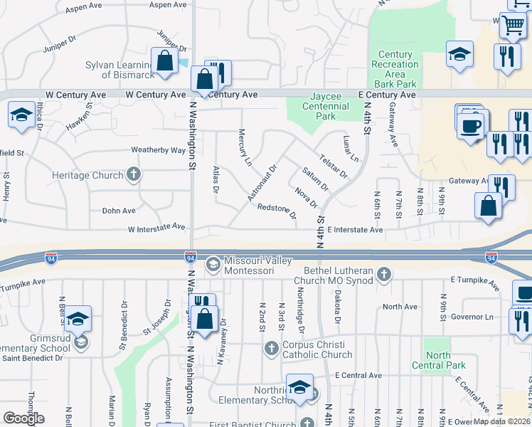 map of restaurants, bars, coffee shops, grocery stores, and more near 219 Redstone Drive in Bismarck