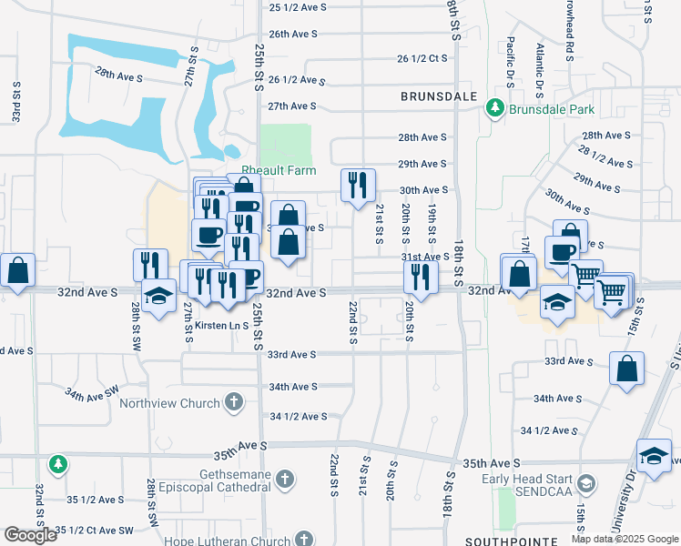 map of restaurants, bars, coffee shops, grocery stores, and more near 2247 32nd Avenue South in Fargo