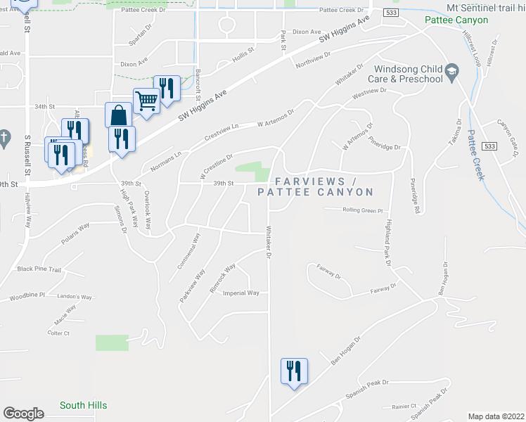 map of restaurants, bars, coffee shops, grocery stores, and more near 617 Whitaker Drive in Missoula