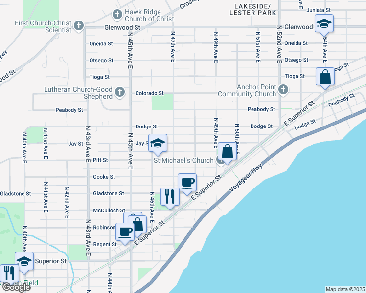 map of restaurants, bars, coffee shops, grocery stores, and more near 4726 Jay Street in Duluth