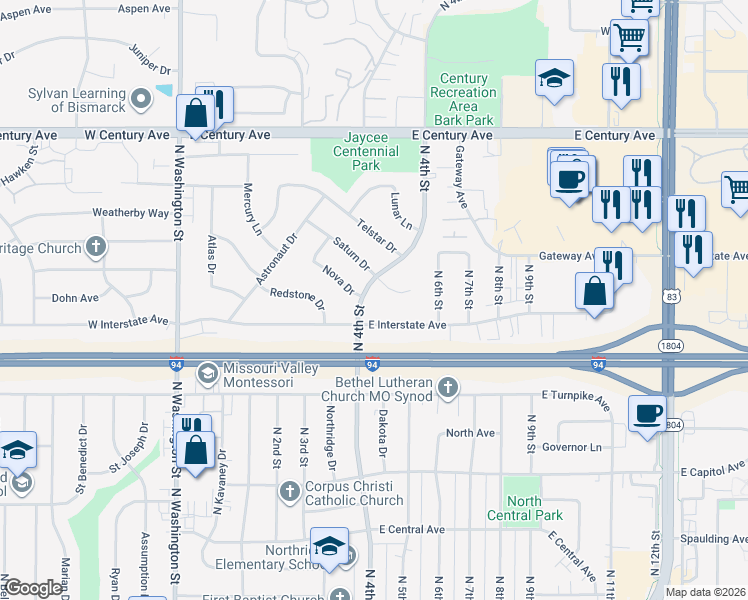 map of restaurants, bars, coffee shops, grocery stores, and more near 413 Saturn Drive in Bismarck