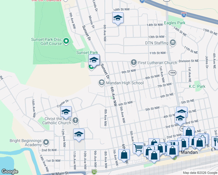 map of restaurants, bars, coffee shops, grocery stores, and more near 806 8th Avenue Northwest in Mandan