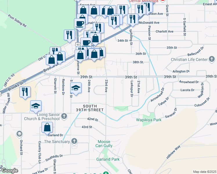 map of restaurants, bars, coffee shops, grocery stores, and more near 4209 Barbara Lane in Missoula