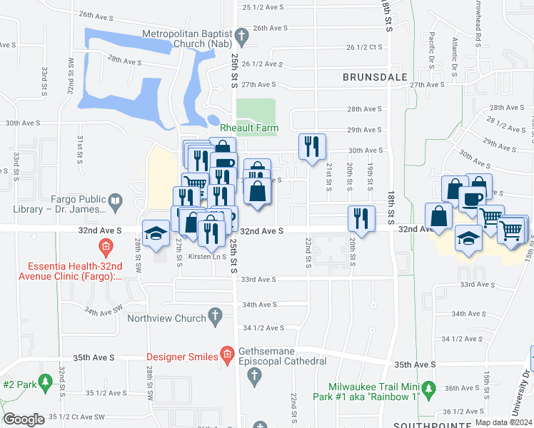 map of restaurants, bars, coffee shops, grocery stores, and more near 3126 23rd Street South in Fargo
