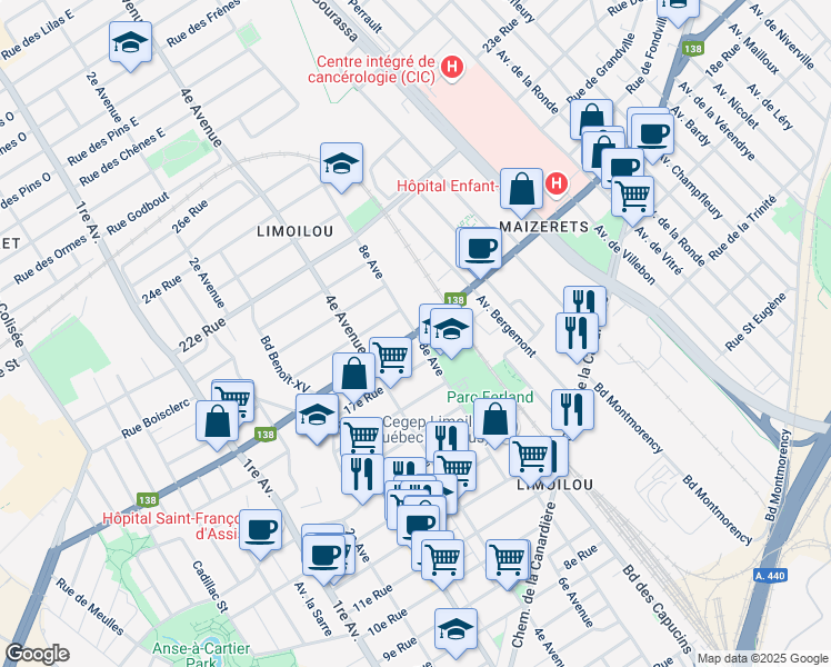 map of restaurants, bars, coffee shops, grocery stores, and more near 8e Avenue in Québec City