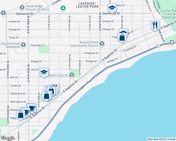 map of restaurants, bars, coffee shops, grocery stores, and more near 1031 North 51st Avenue East in Duluth