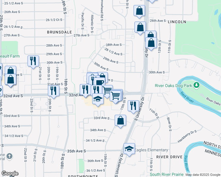 map of restaurants, bars, coffee shops, grocery stores, and more near 1525 32nd Avenue South in Fargo