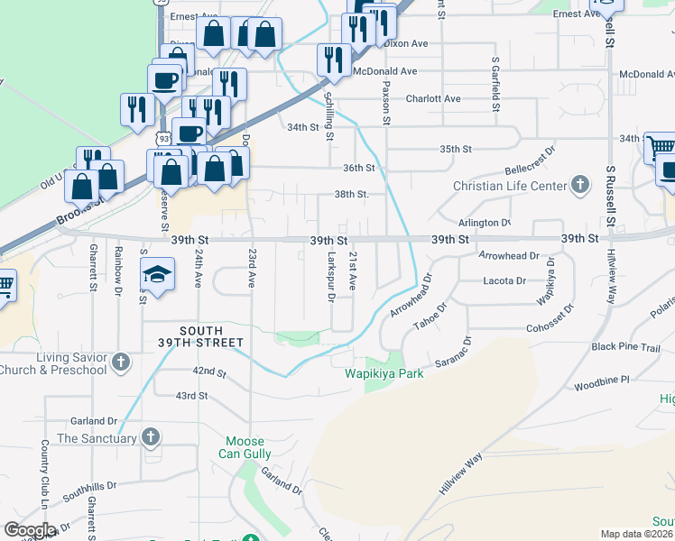 map of restaurants, bars, coffee shops, grocery stores, and more near 4208 Larkspur Drive in Missoula
