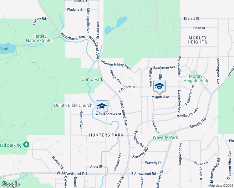 map of restaurants, bars, coffee shops, grocery stores, and more near Woodland Ave & E Oxford St in Duluth