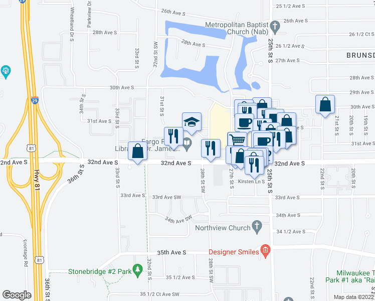 map of restaurants, bars, coffee shops, grocery stores, and more near 2801 32nd Avenue South in Fargo