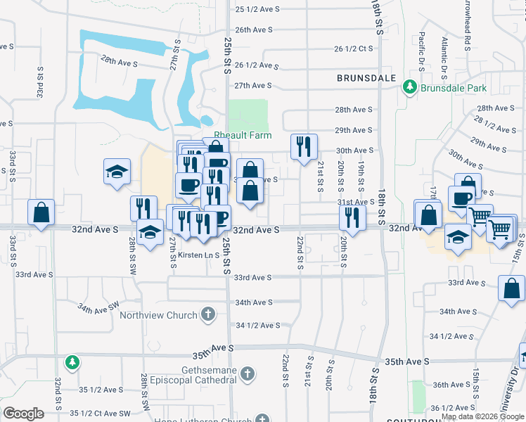 map of restaurants, bars, coffee shops, grocery stores, and more near 3126 23rd Street South in Fargo