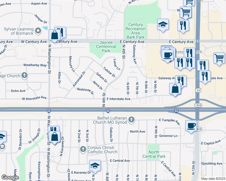 map of restaurants, bars, coffee shops, grocery stores, and more near 413 Saturn Drive in Bismarck