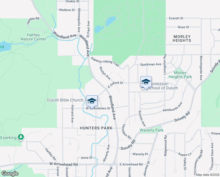 map of restaurants, bars, coffee shops, grocery stores, and more near 2244 Woodland Avenue in Duluth