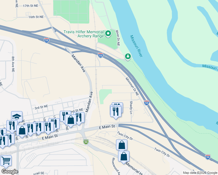 map of restaurants, bars, coffee shops, grocery stores, and more near 2151-2441 3rd Street Northeast in Mandan