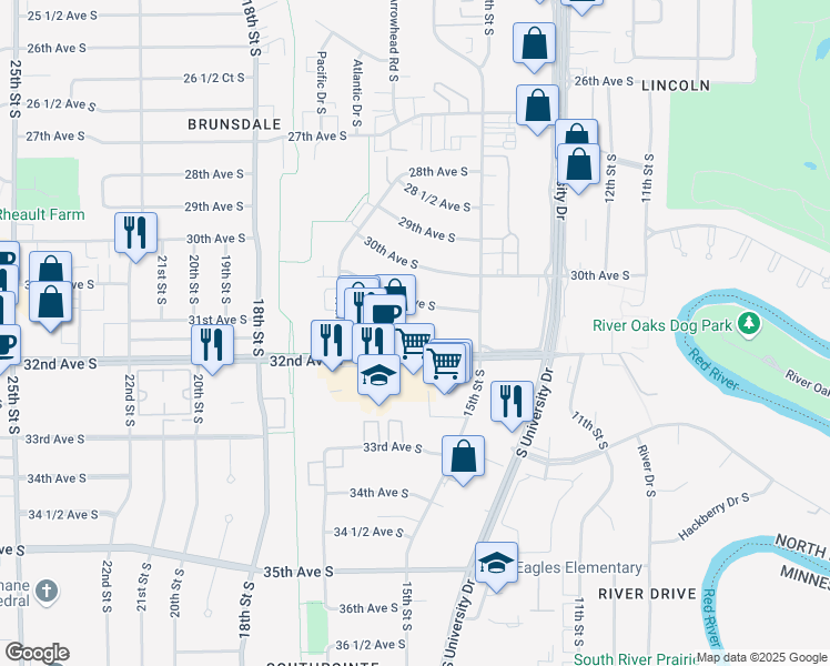 map of restaurants, bars, coffee shops, grocery stores, and more near 1525 32nd Ave S in Fargo