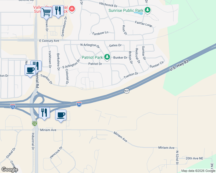 map of restaurants, bars, coffee shops, grocery stores, and more near 4403 Trenton Drive in Bismarck