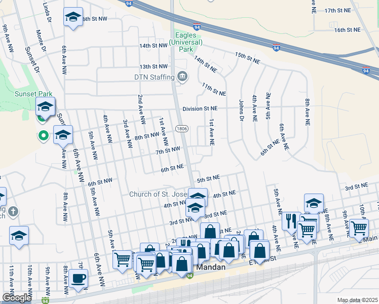 map of restaurants, bars, coffee shops, grocery stores, and more near 706 Collins Avenue in Mandan