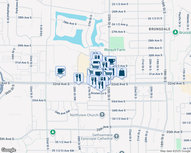 map of restaurants, bars, coffee shops, grocery stores, and more near 3175 25th Street South in Fargo
