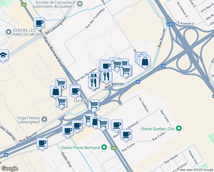 map of restaurants, bars, coffee shops, grocery stores, and more near 760 Rue Bouvier in Quebec