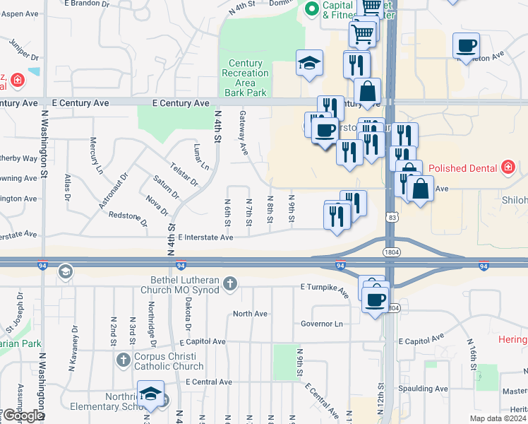 map of restaurants, bars, coffee shops, grocery stores, and more near 2406 North 8th Street in Bismarck