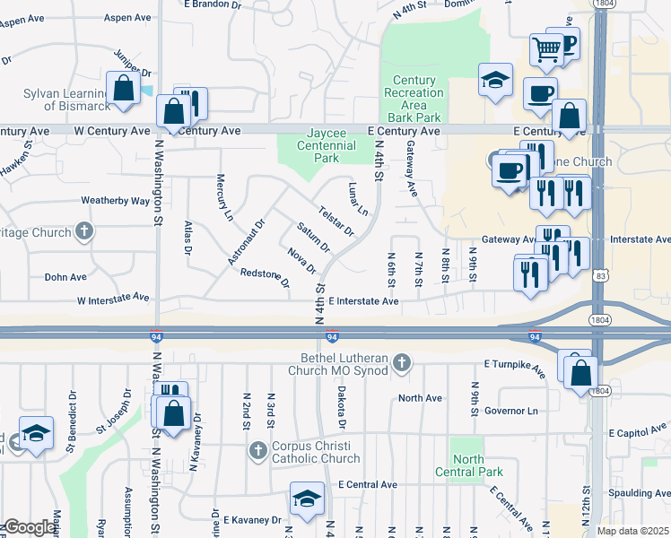 map of restaurants, bars, coffee shops, grocery stores, and more near 413 Saturn Drive in Bismarck
