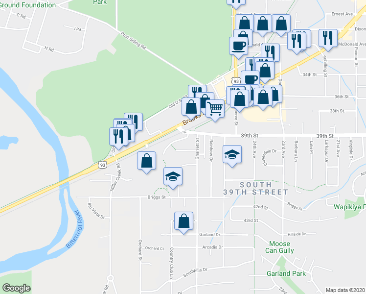 map of restaurants, bars, coffee shops, grocery stores, and more near 2640 Willow Wood Court in Missoula
