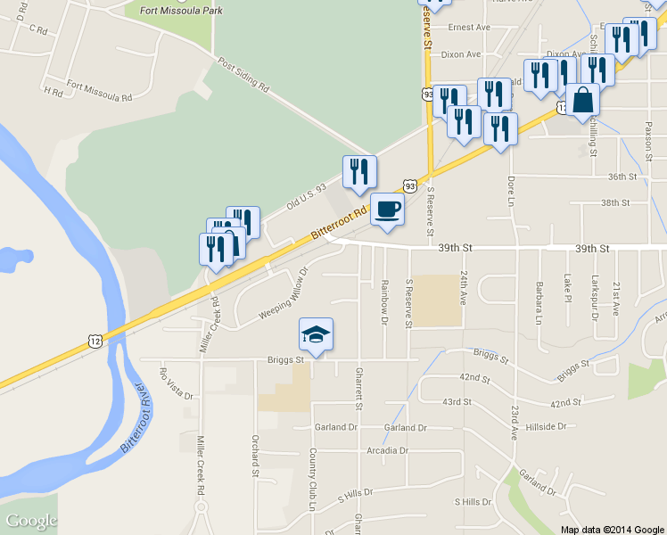 map of restaurants, bars, coffee shops, grocery stores, and more near 2640 Willow Wood Court in Missoula