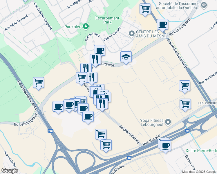map of restaurants, bars, coffee shops, grocery stores, and more near 1305 Rue du Blizzard in Ville de Québec